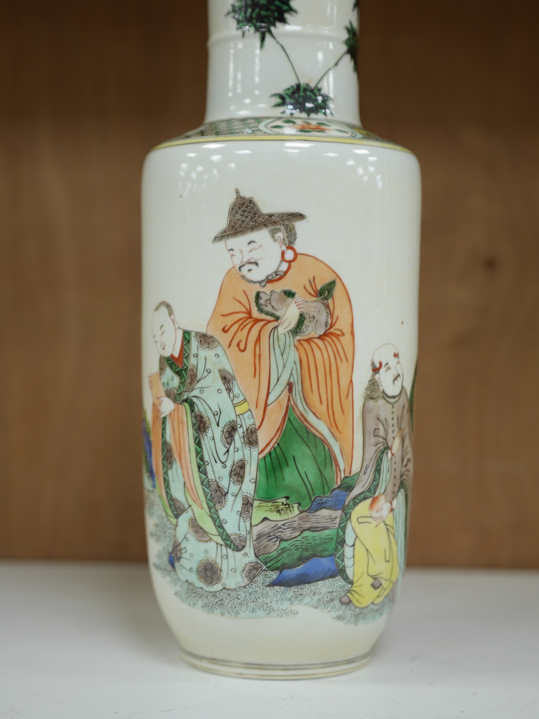 A Chinese famille verte rouleau vase, 35cm high. Condition - good